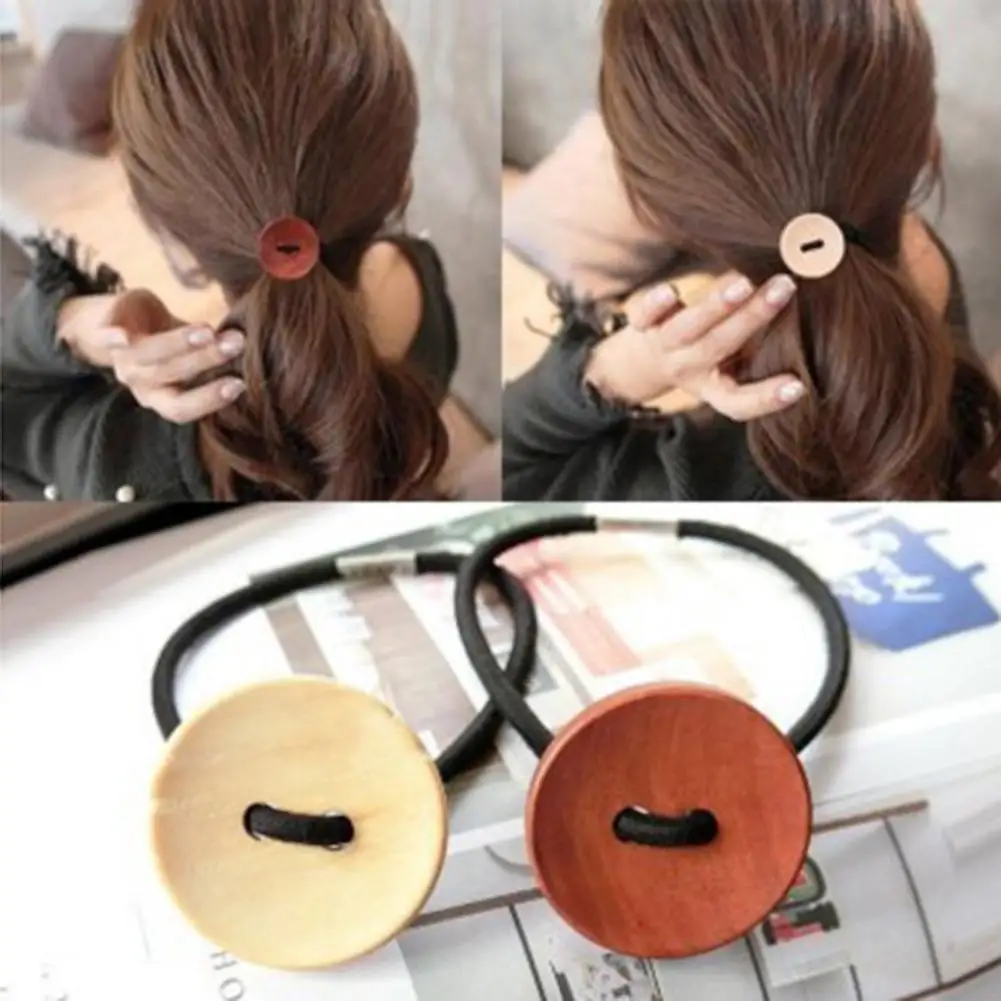 

Girls Women Wooden Button Elastic Hair Ties Bands Rope Rings Ponytail Holders Hair Styling Tool Hair Accessories