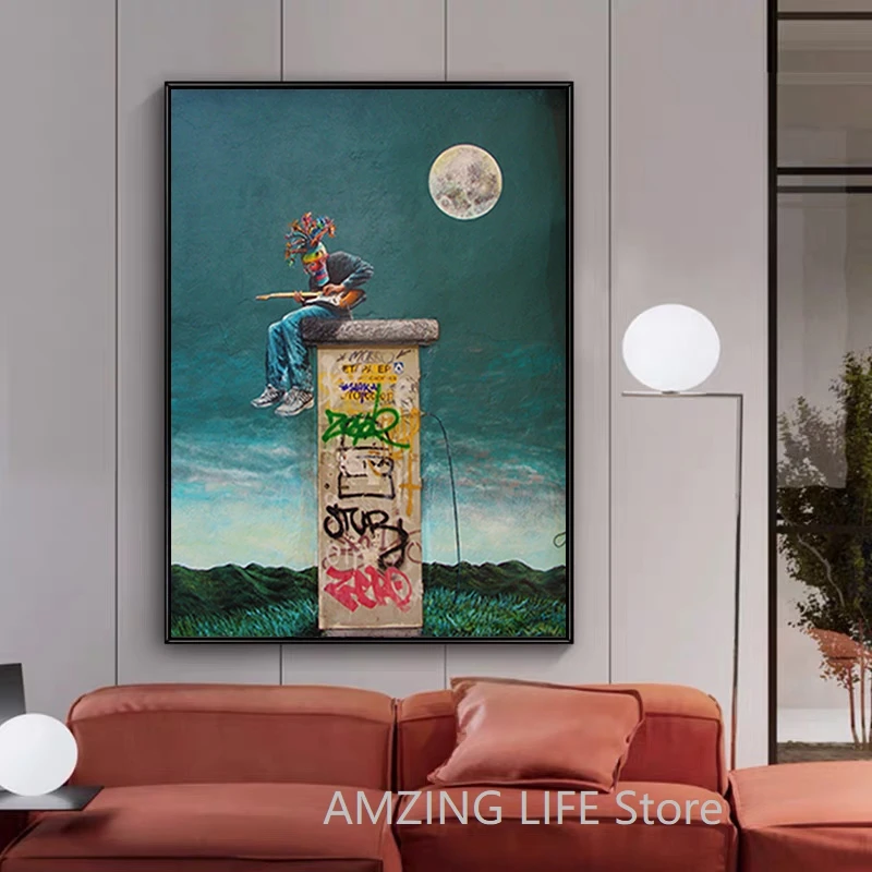 Современный граффити Луна гитариста Плакаты и принты картины на холсте