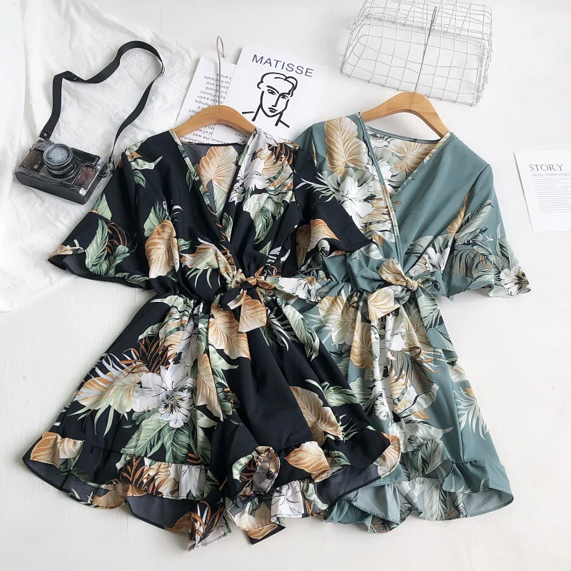 

Summer Women V-Neck Flare Sleeve Rompers Pleated Ruffles Jumpsuit Lady Bodysuit Elastic Sexy Wrapped Rope Beach Party Playsuits