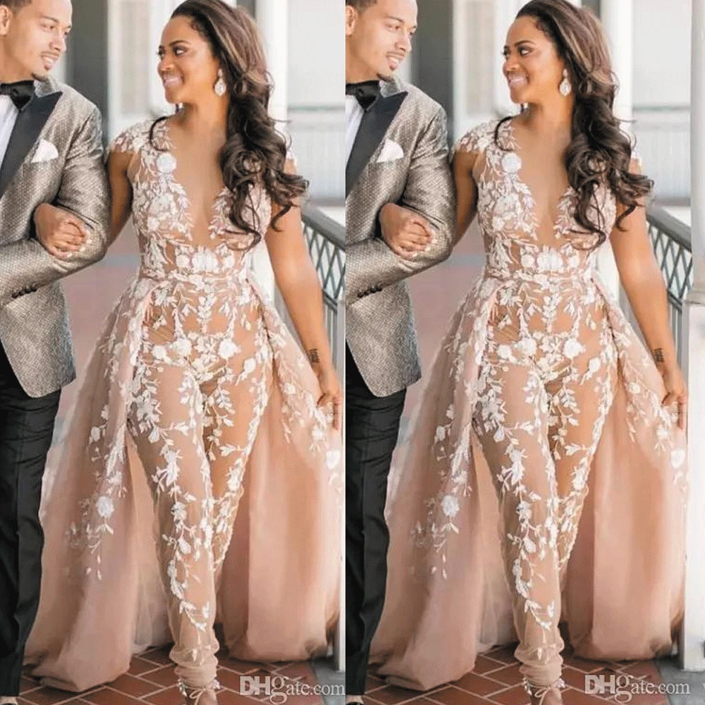 

SuperKimJo Lace Applique Jumpsuit for Women 2020 Champagne Detachable Train Cheap Pants for Weddings Vestidos Elegantes