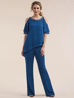 blue beaded mother of the bride pant suits short sleeves two pieces wedding guest dress chiffon plus size long party pant suit