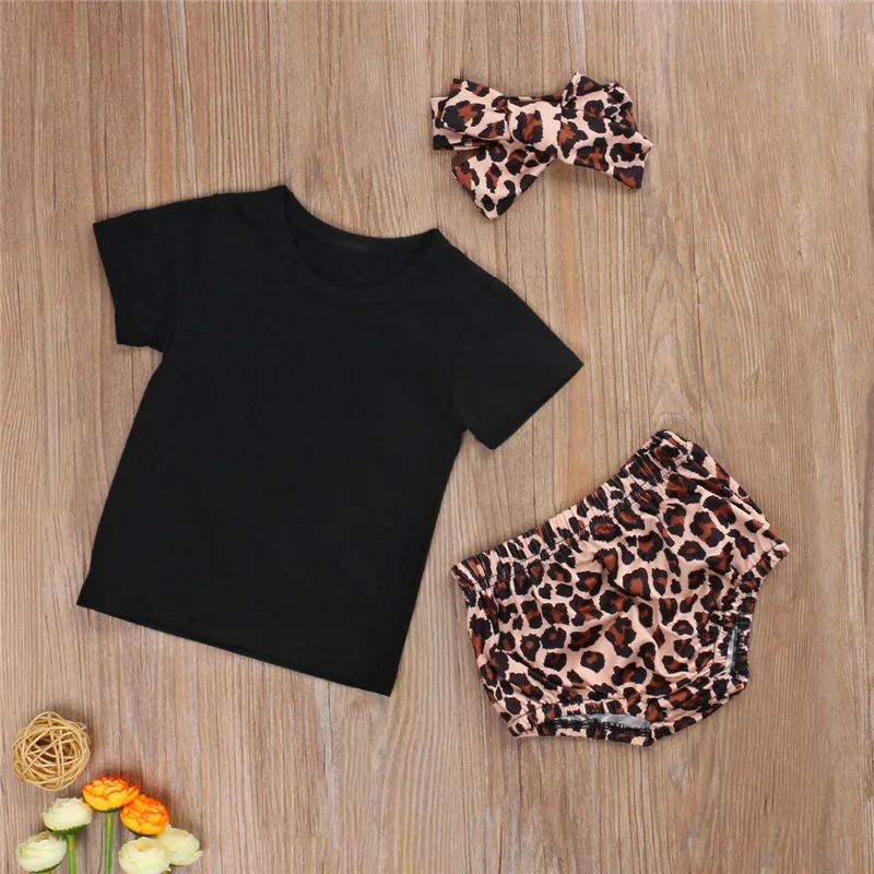 

2020 Summer Infant Baby Girl Clothes Sets Solid Black Short Sleeve Round Neck T-shirt Tops Leopard Printed Shorts Headband 0-24M