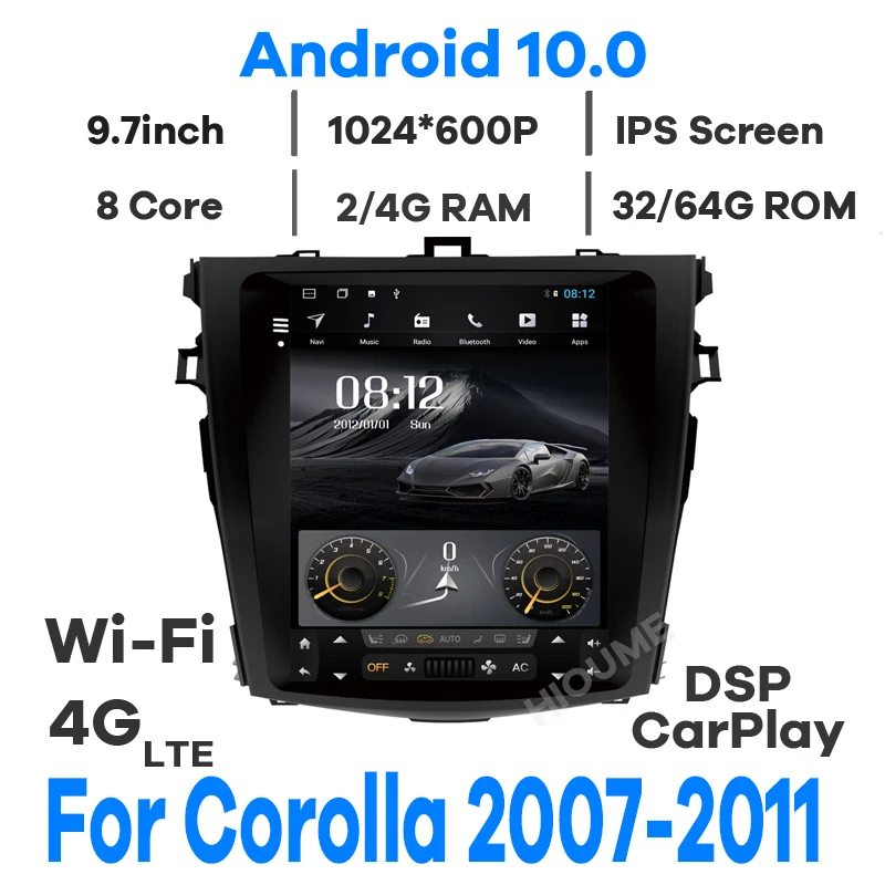 

4core Android 10 Vertical screen car GPS navigation for Toyota Corolla 2007-2013 radio stereo Satnav with 4G wifi DSP Carplay