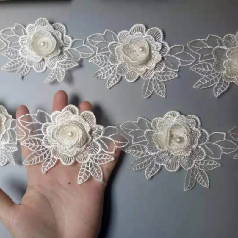 Винтажная вышитая жемчугом лента из полиэстера цвета слоновой кости с цветочной