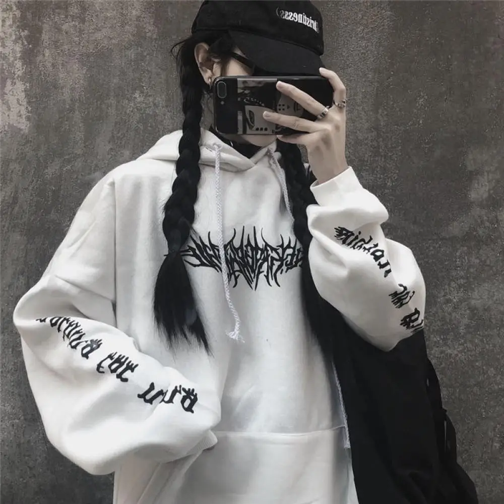 Women Loose Streetwear Black Sweatshirt Knitted Hooded Sexy Print Hoodies Fashion Pullovers Long Hoodie Tops Harajuku | Женская одежда