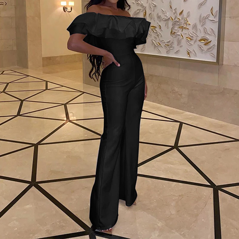 

Ruffles Off Shoulder Elegant Jumpsuit Solid Color Office Lady Evening Party Chic Flare Pants One Piece Romper Overalls