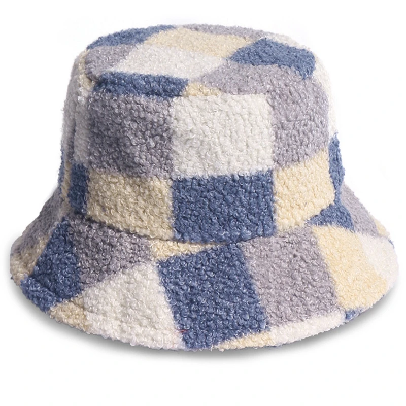

Unisex Winter Warm Fuzzy Plush Bucket Hat Color Block Plaid Print Fisherman Cap