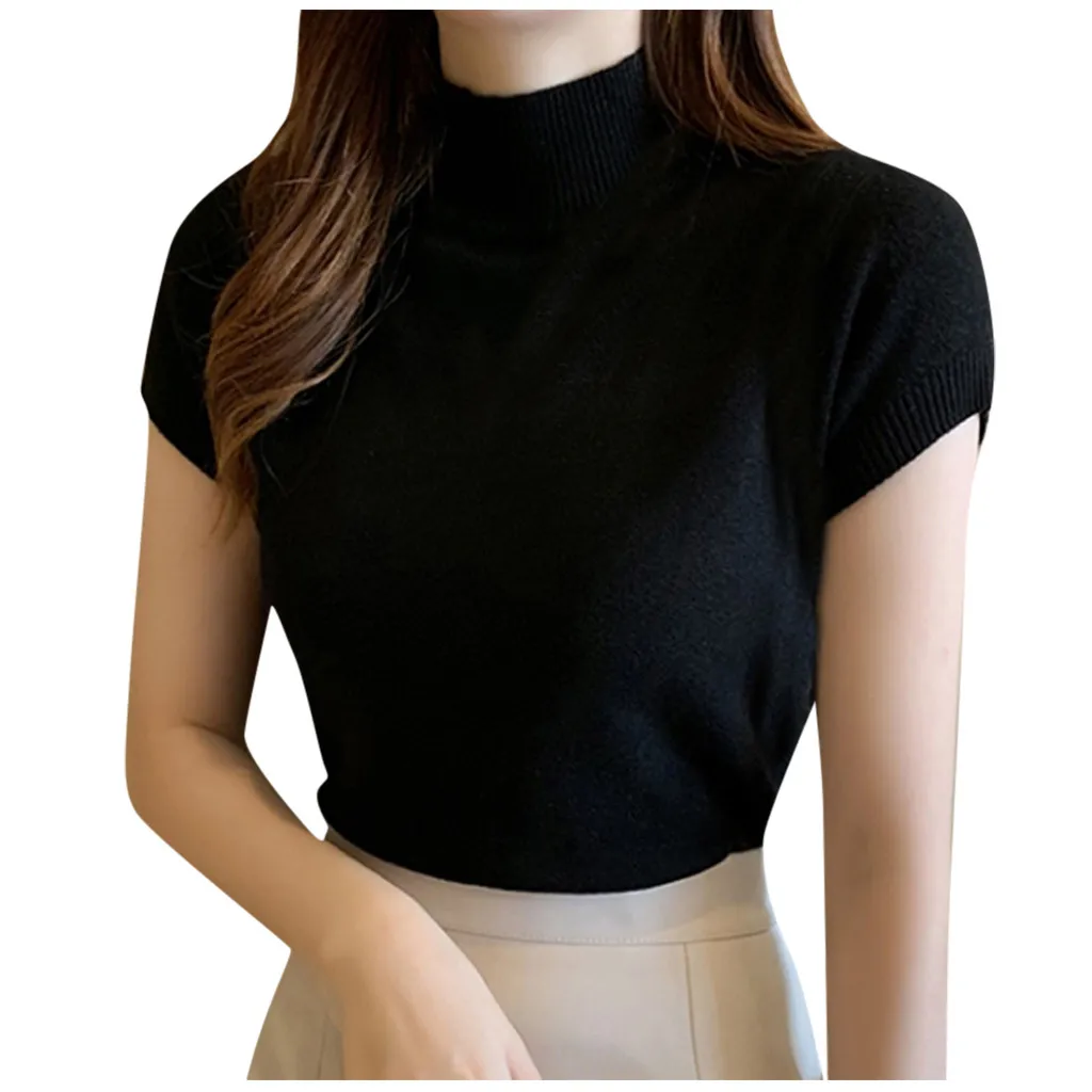 Футболка Женская летняя повседневная с высоким воротником однотонный топ