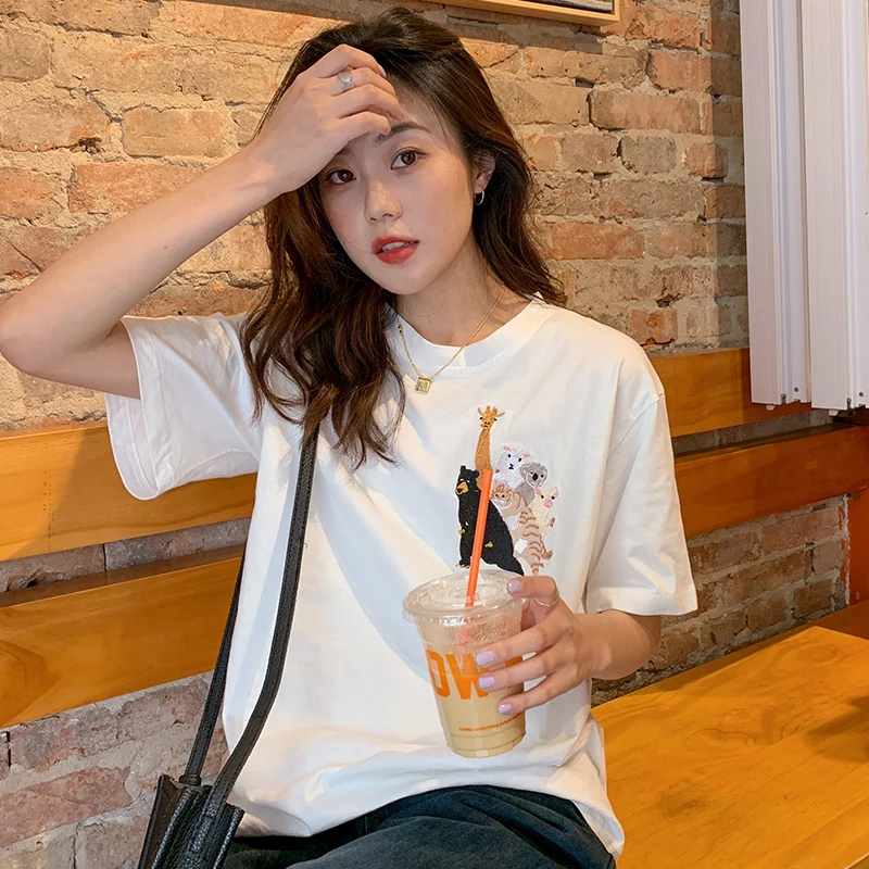 Футболка с короткими рукавами из 100% хлопка тяжелой промышленностью вышивкой