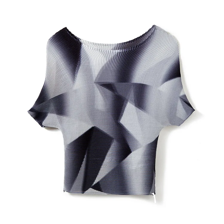 

Print Short Sleeve Summer Pleated Elastic Slim Fit Short Top T-shirt