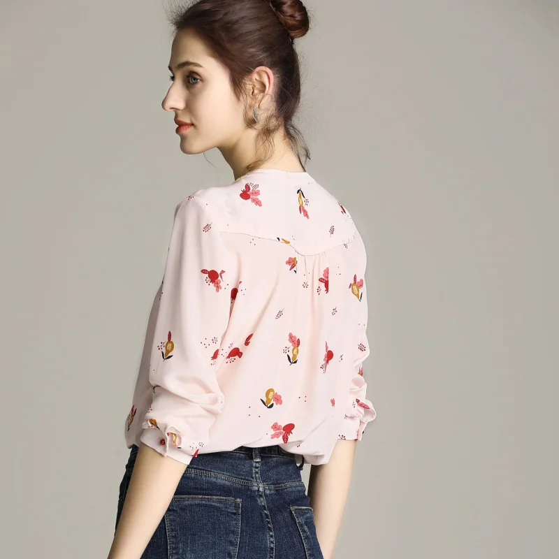 Женский топ из натурального шелка шифоновая блузка с длинным рукавом и принтом