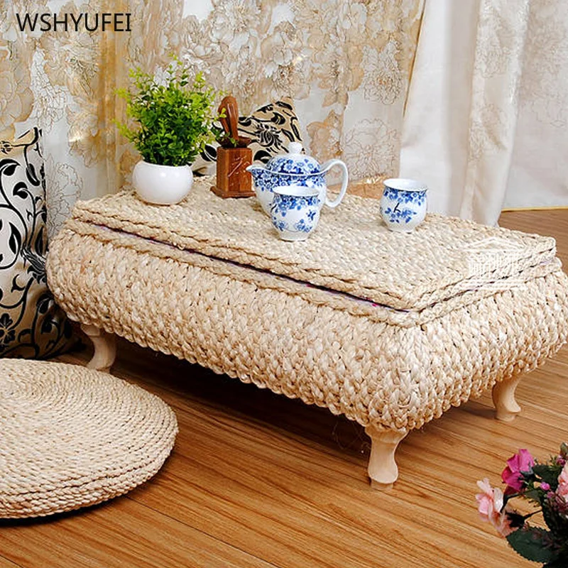 

Creative grass rattan bay window table Japanese style tatami coffee table creative simple balcony sill storage table and cushion
