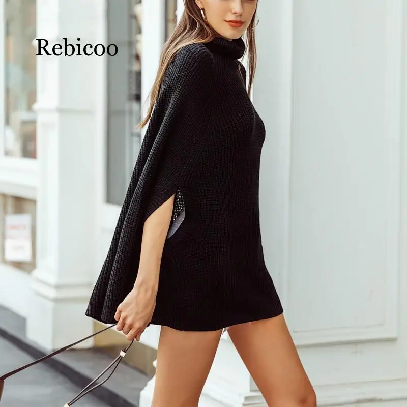 

Turtleneck oversize knitted sweaters pullover 2019 Casual loose autumn sweaters Women black winter jumper female poncho