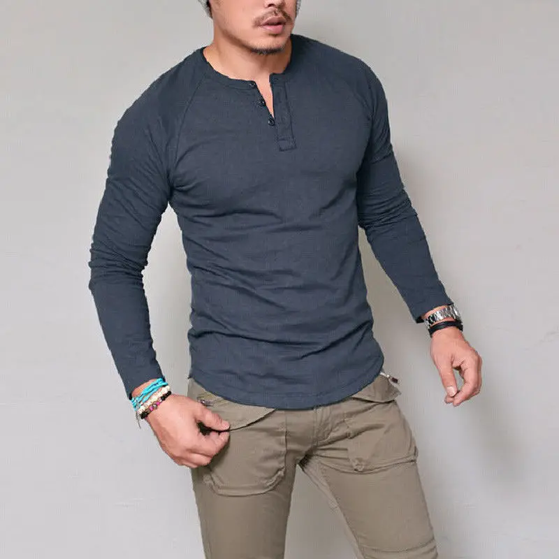 

WEPBEL Spring Autumn Fashion O-Neck Solid Color T-shirt Men's Casual Long Sleeve Slim Fit Button Pullover T-shirt