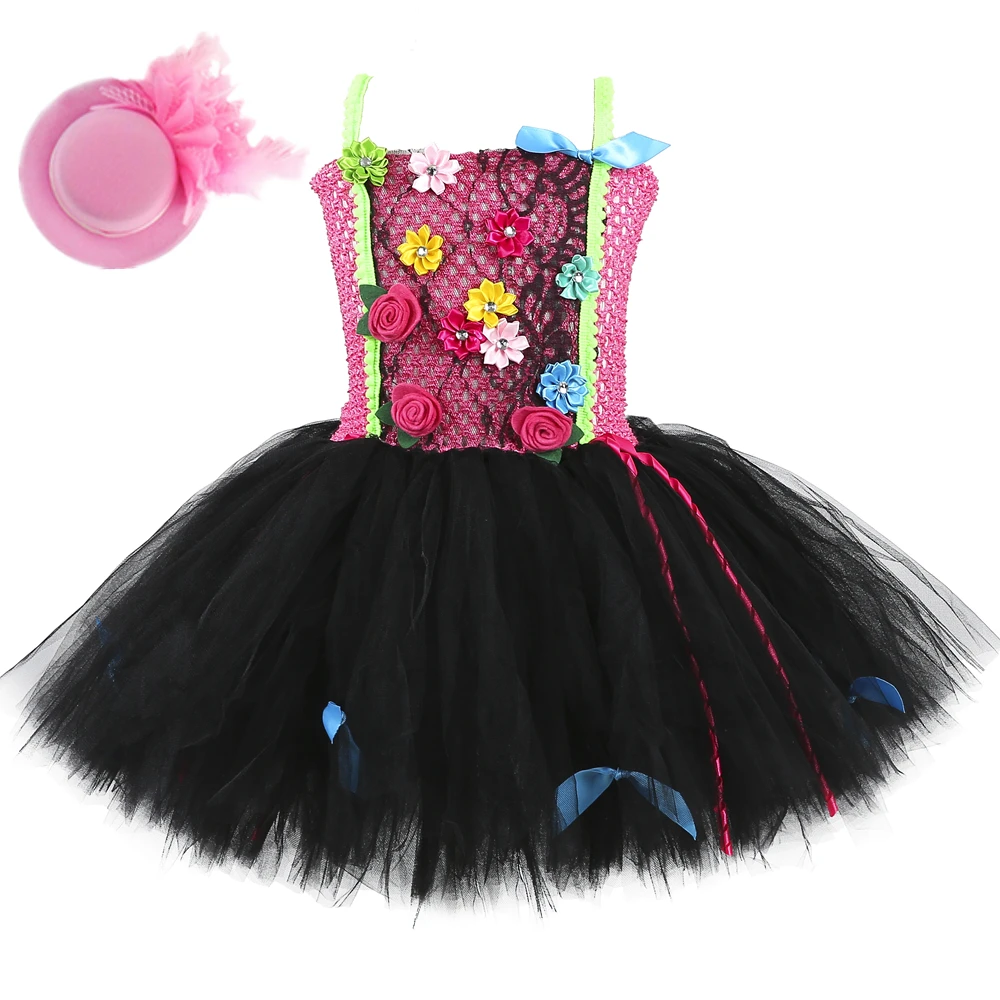 

Rock Star Tutu Dress Hot Pink and Black Flowers Kids Birthday Party Dresses for Girls Masquerade Halloween Punk Rockstar Costume