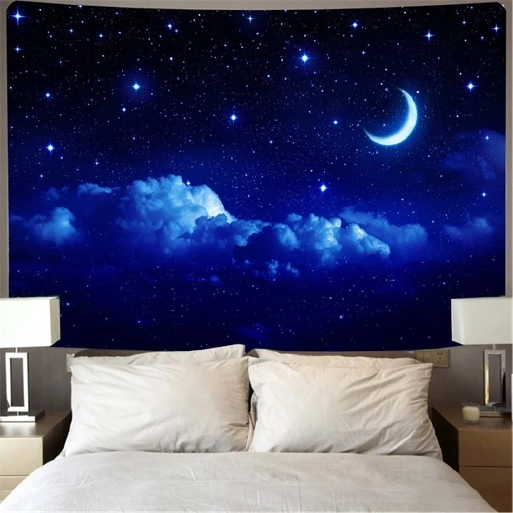 Гобелен настенный с Луной и звездами голубой гобелен в виде звездной Галактики