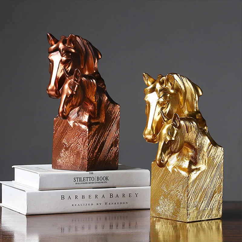 

Nordic Gold Double Horse Head Artware Animal Sculpture Home Decoration Accessories Modern Art Resin Statue Room Craft Figurine