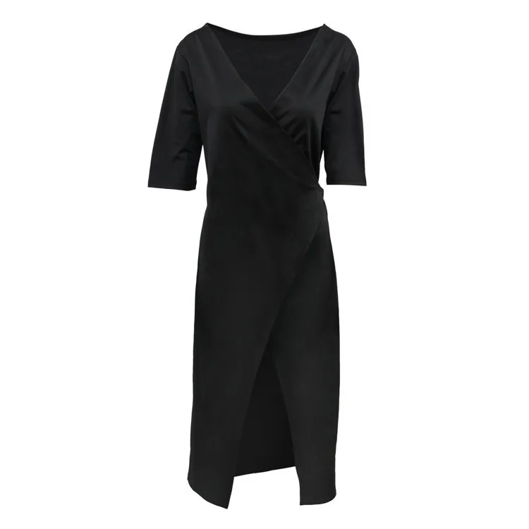 Женское черное однотонное платье с v-образным вырезом и рукавом средней длины