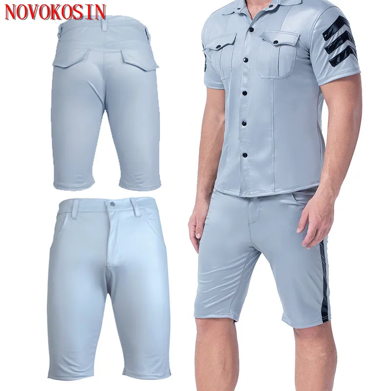 XX149 S-2XL мужские искусственная кожа застежка Брюки с карманами ночной клуб черный ПВХ бондаж шорты Готический полосатый рядом фетиш