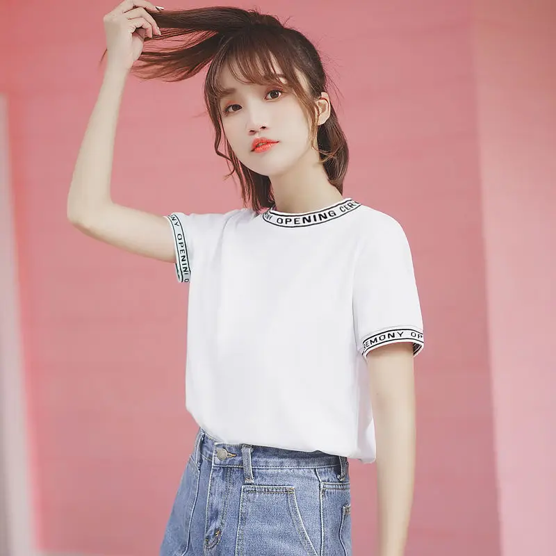 

Chic Khaki 2021 Summer New Student Letters Embroidered Korean Style Short-Sleeved T-shirt Women's Color Matching Cotton Japanese