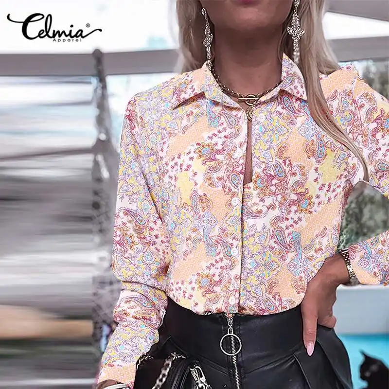 

Celmia Fashion Floral Print Shirts 2021 Autumn Women Lapel Elegant Blouses Buttons Vintage Tunic Tops Long Sleeve Party Blusas