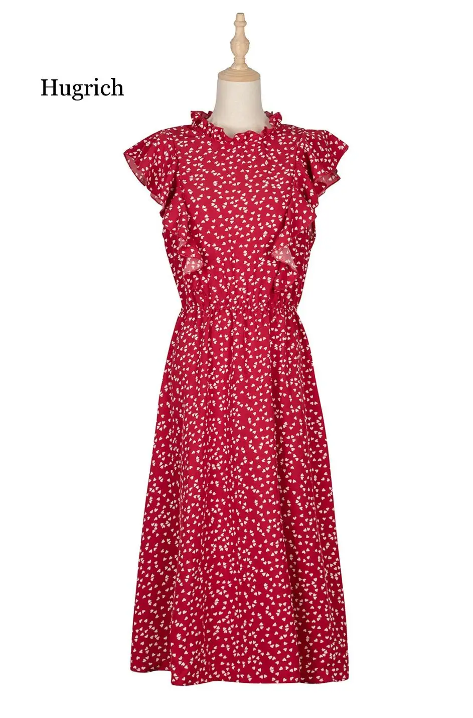 

2020 New Summer Dot Print Dress Women Casual Butterfly Sleeve Ruffles Medium Long Chiffon Dress