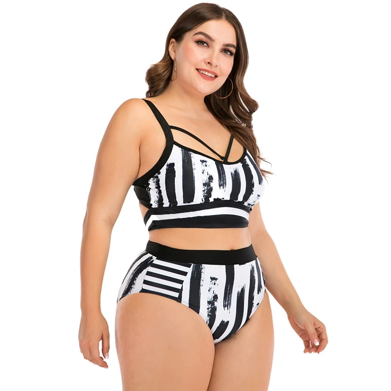 Женский купальник большого размера в полоску с открытой спиной танкини