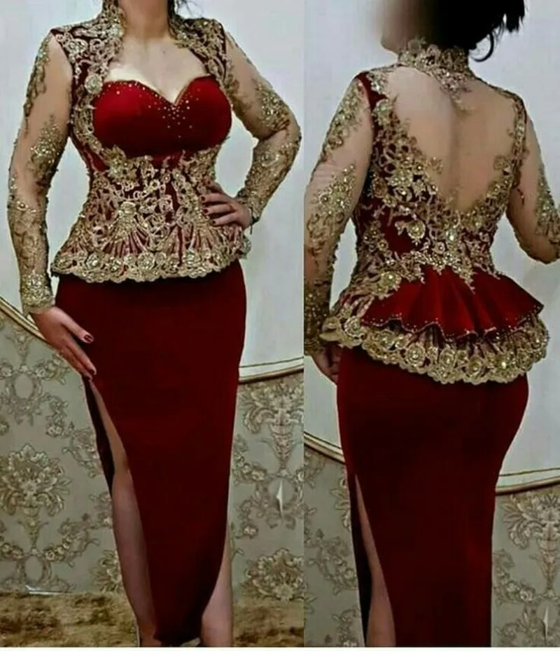 

Arabic Dark Red Split Aso Ebi Evening Dresses Applique Party Gowns For Women Long Sleeve Prom Dress Robe de Soirée de Mariage