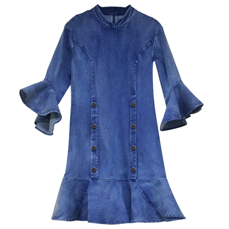 Dress Women 2019 Yuzi.may Boho New Denim Stand Collar Flare Sleeve Ruffles Hem Vestidos A82192 Vestido | Женская одежда