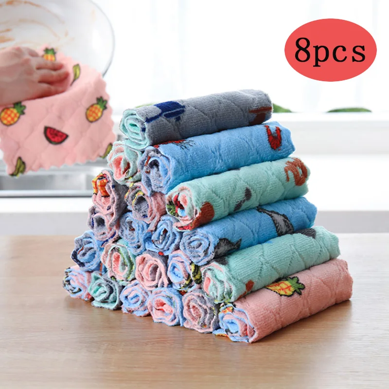 

8PCS Kitchen Microfiber Towel Absorbent Dish Cloth Non-Stick Oil Washing Kitchen Rag Household Tableware Cleaning Wiping Tools