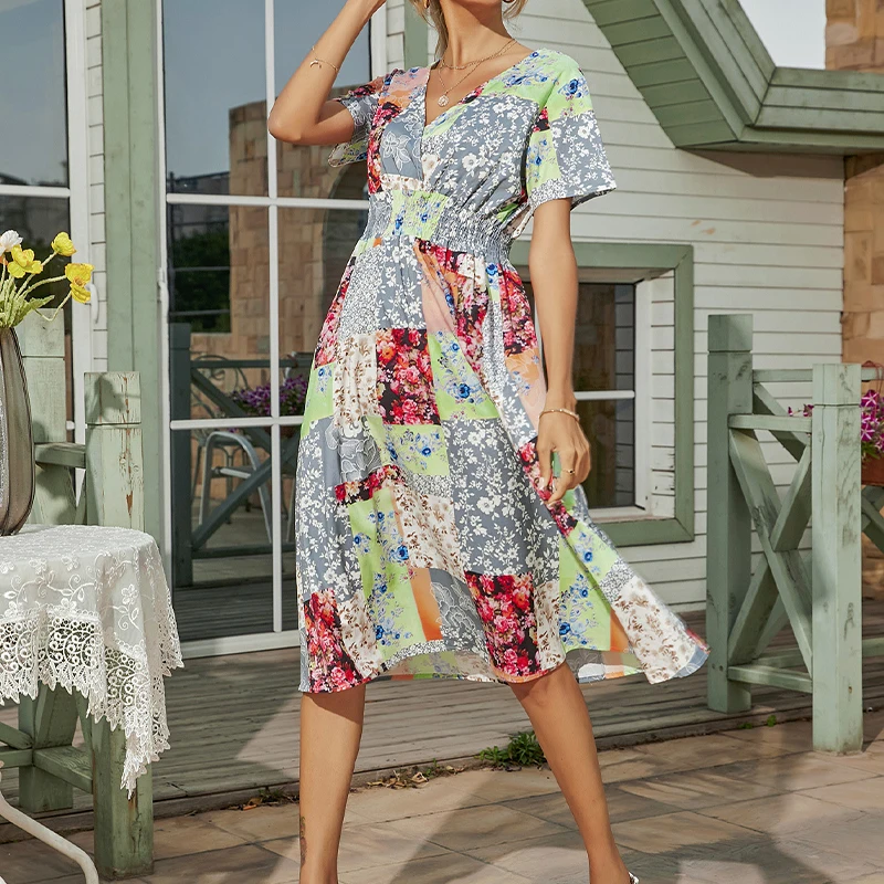 

Chiffon Summer Dress 2021 Women Printed Stitching Vintage Sundress Short Sleeve Fashion V Neck Maxi Dresses Casual Clothes