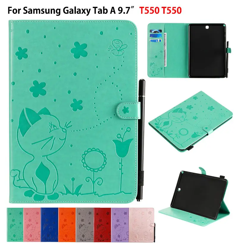 

SM-T550 Case For Samsung Galaxy Tab A 9.7 T555 T550 SM-T555 Cover Funda Coque Cat Bee Embossed PU leather Stand Shell Capa +Gift
