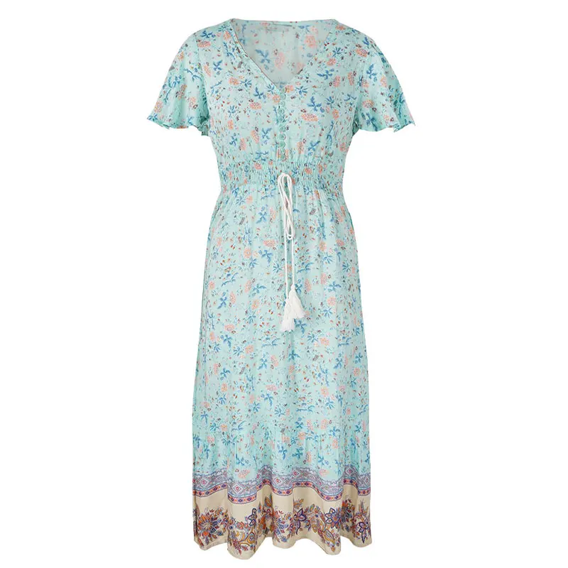 

KNOYEER Boho Print Flare Sleeve Long Dresses For Women Vintage V Neck Tassel Bohemia Summer Casual Dress 2021 A-Line Vestidos