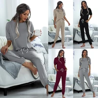 summer gray black khaki short sleeve top pants womens sleepwear lounge wear set comfortable basic homewear home suit