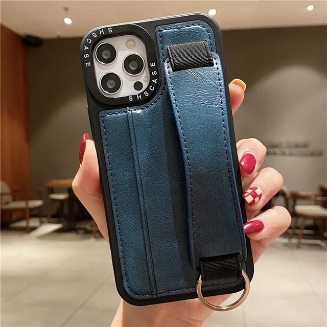 For iPhone 14 Pro Max 13 12 11 XS XR 7 8 Luxury Leather Wrist Strap Square  Case