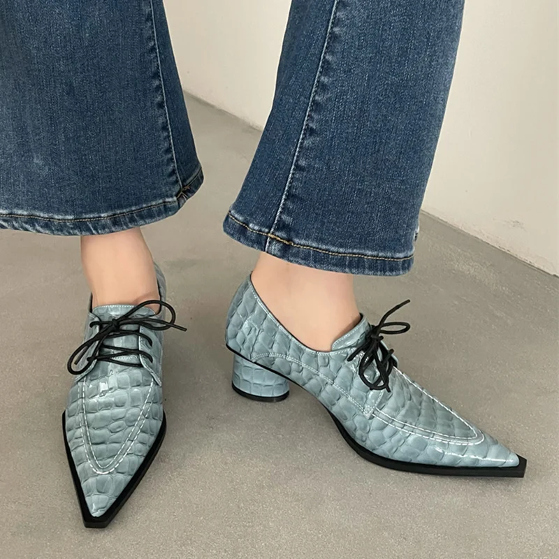 

Женские туфли из лакированной кожи, черные, синие или желтые туфли-лодочки на высоком каблуке, со шнуровкой, роскошные брендовые туфли для в...