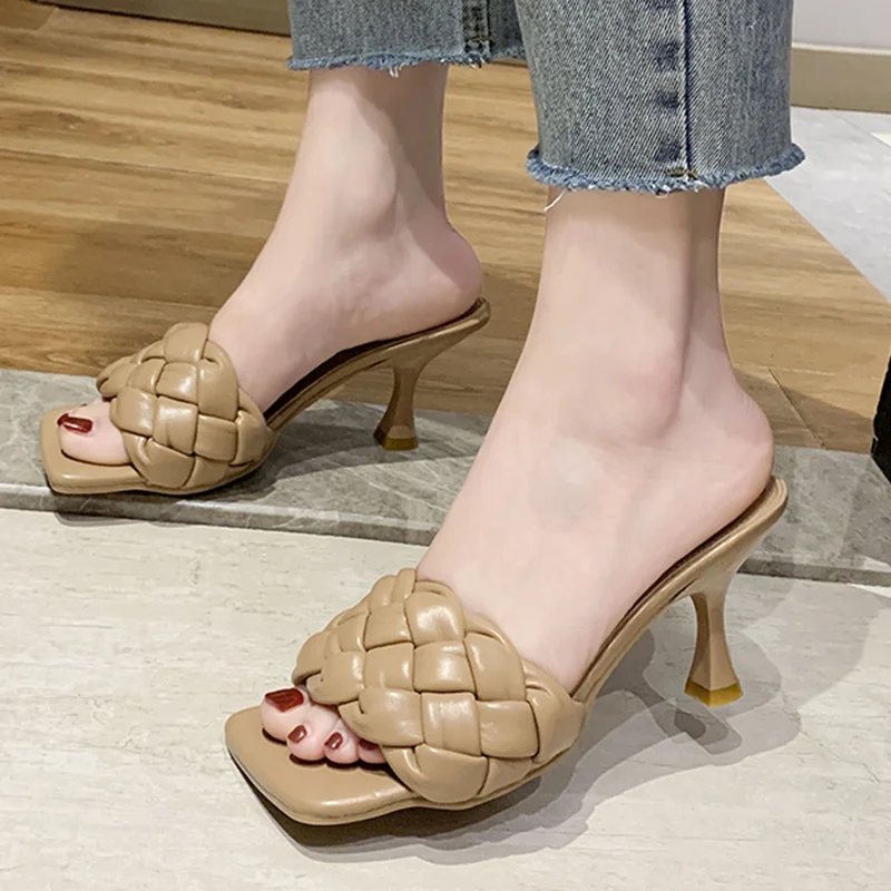 

Luxury Slides Women 8cm High Heels Mules Fetish Pumps Individual Weave Leisure Blue Office Ladies Prom Slippers Women's Shoes