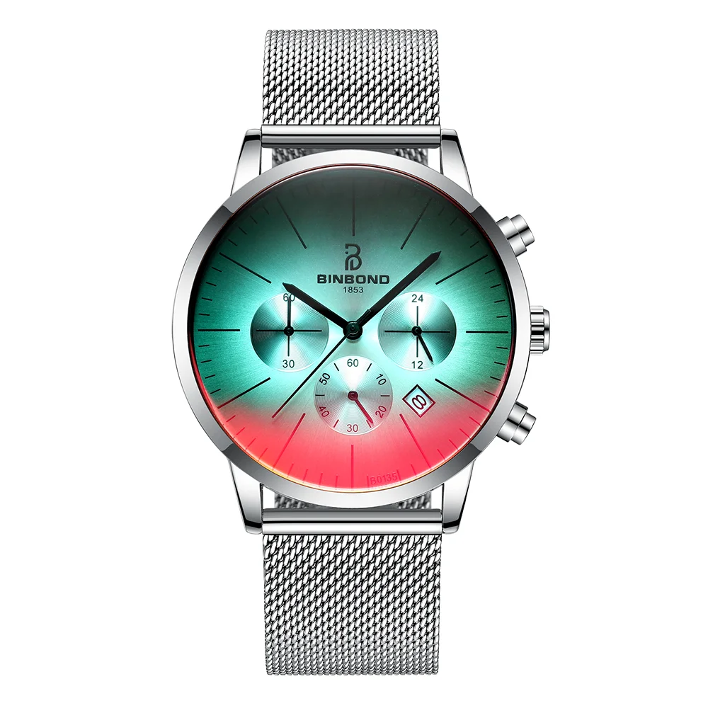 

BINBOND 2021Luxury Brand Watch Men Creative Color Bright Glass Chronograph Quartz Soft Leather Business Clock Men Wrist Watch