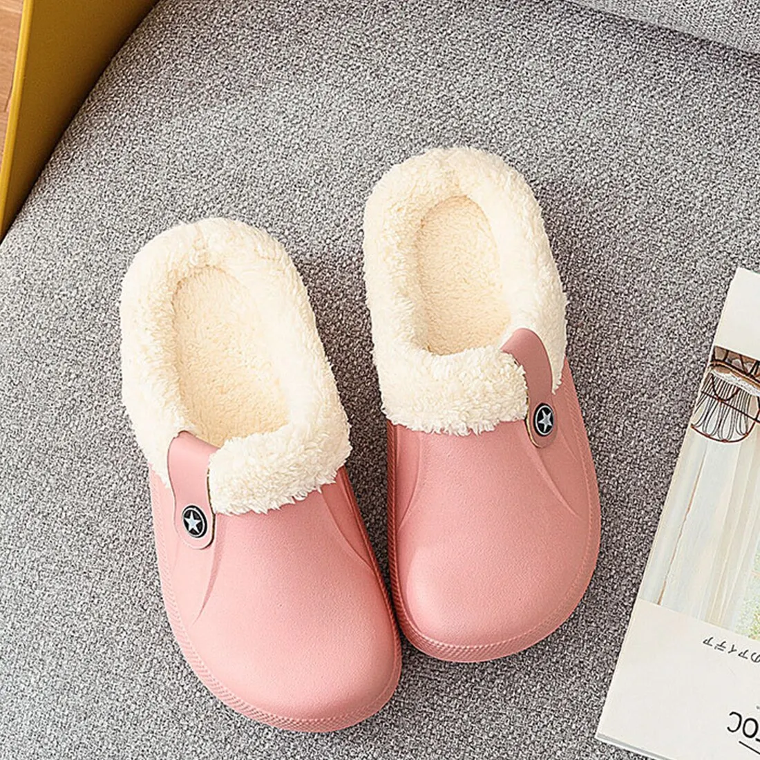

Litthing Winter Men And Women Home Slippers Plush Waterproof EVA Warm Fur Slippers Clogs Lovers Mule Indoor Floor Shoes