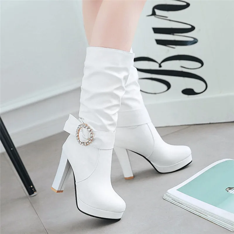 

winter Ladies Motorcycle Boots Women Platform High heels Buckle Zipper Rivets Sapatos femininos Slip-on Leather Punk boots 34-43