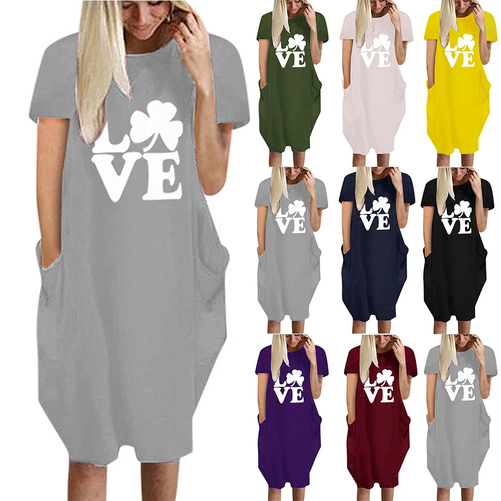 

2021 Fashion Women Casual Loose Dress Pocket Ladies Long Tops Female Dress Love Print Streetwear 5XL Vestidos Party