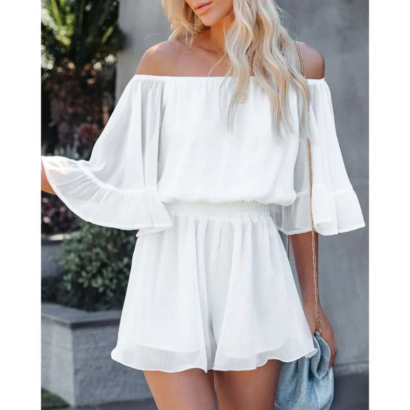 

2021 Summer Women's Dress Solid Color One-character Collar Chiffon Casual Loose Dress Top Daily Wear Vestidos En*