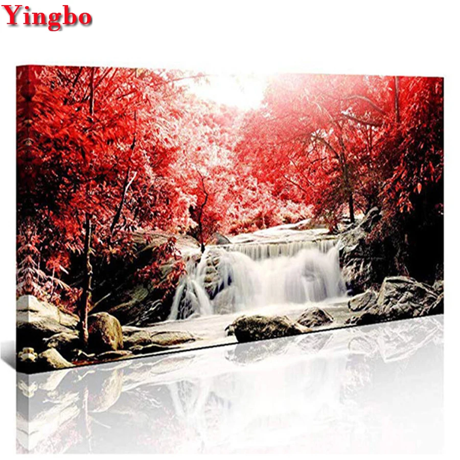 

Full drill Round Mosaic Diamond Painting Waterfall Red Tree Rhinestones of Pictures large diy Diamond Embroidery Landscape