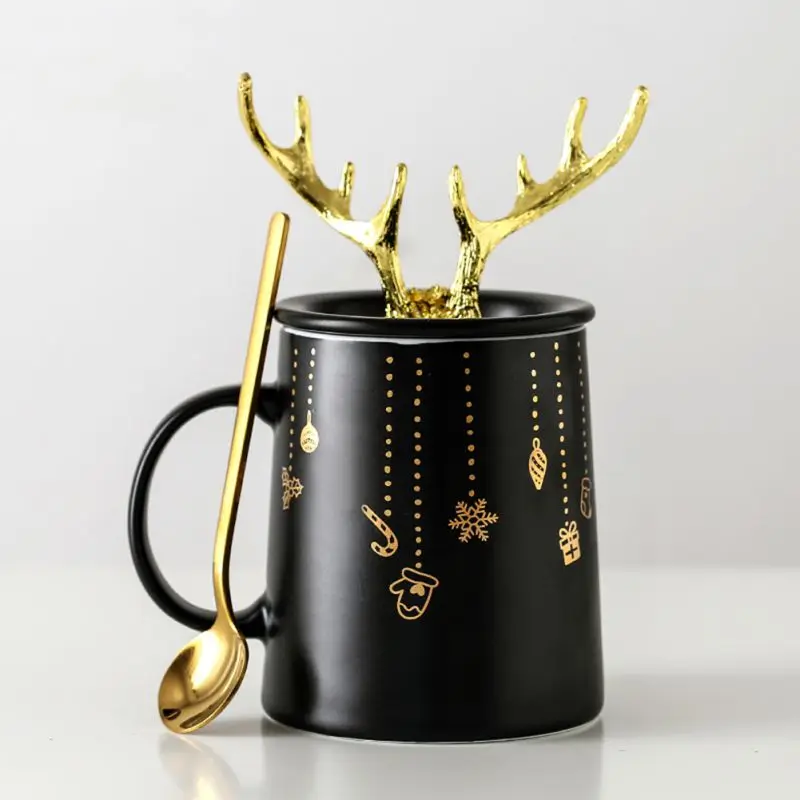 

Cute Mugs With Antler Lid Golden Printing Ceramic Cup Metal Spoon Set Coffee Mike Mugs Personality Home Office Drinkware