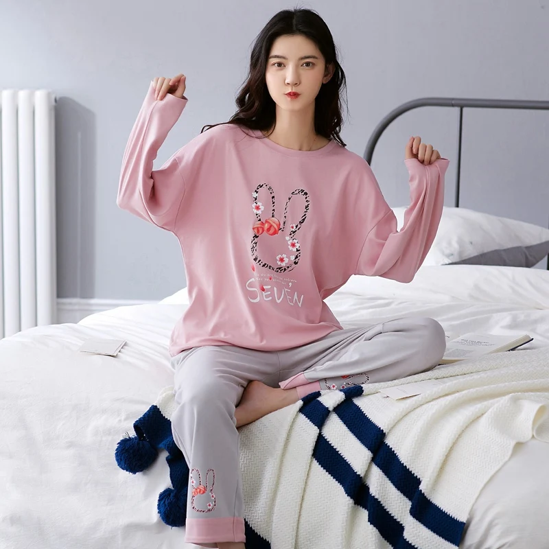 Размера плюс с длинными рукавами пижамный комплект из хлопка для женщин 2020 милые