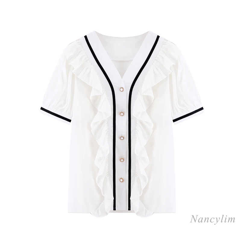 Women's Ruffled V-neck Short Sleeve Shirt 2021 Summer Korean Style Loose Female White Blouse All-Match Casual Top Nancylim