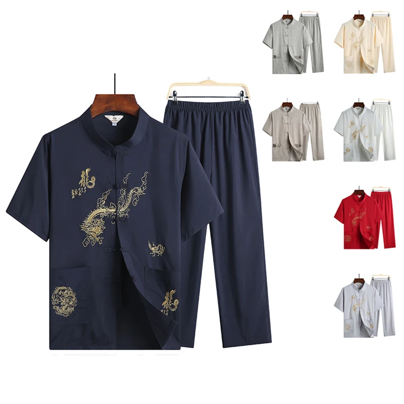 

China Embroidery #10 Traditional Chinese Clothing Set for Men Adult Tai Chi Kung Fu Uniforms Linen Short Sleeve Chinese Costumes
