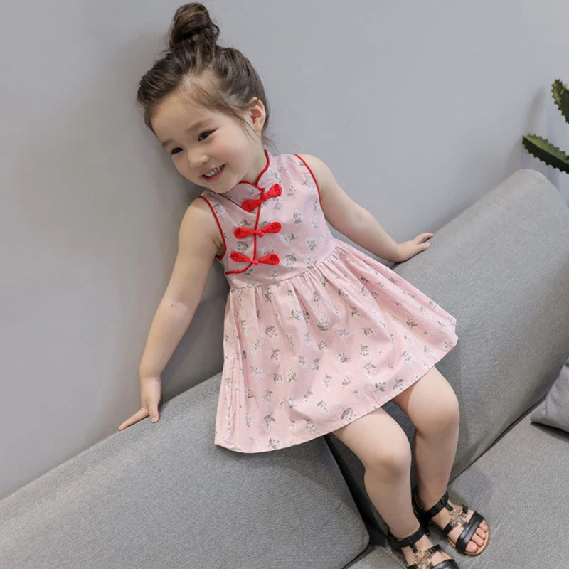 

Dress For Girls Baby 2022 Summer Chinese Traditional Dress Cotton Floral Vintage Cheongsam Skirt Infant Fashion Causal Clothing