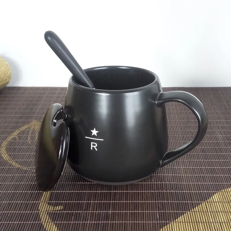 New Large Capacity Creative Gift Mugs With Lid Spoon Black Mug Ceramic Cup Coffee Home Office Drinkware Unique 5ZDZ118 | Дом и сад