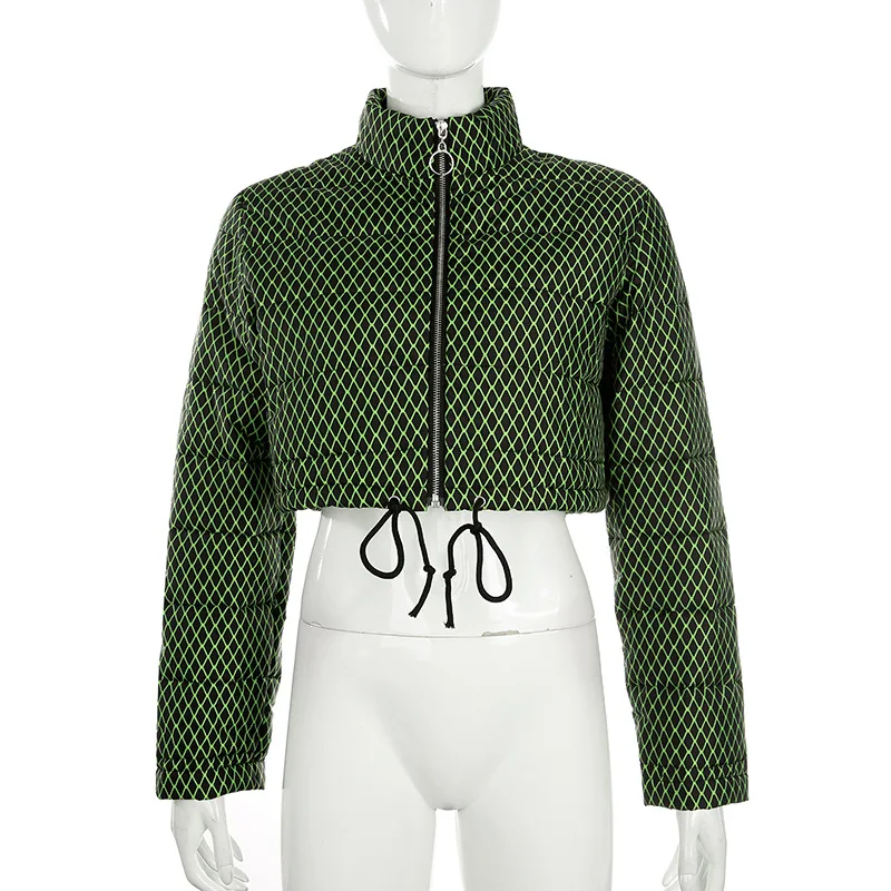 BOOFEENAA неоновая зеленая розовая ажурная укороченная куртка пуховик для женщин